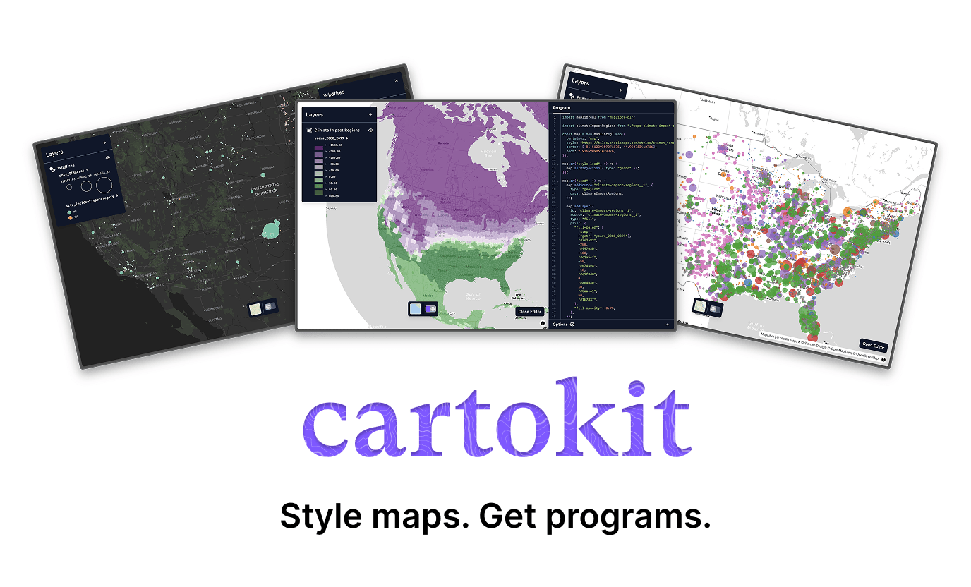 Three screenshots of maps and associated programs created with cartokit, with the tagline 'Style maps. Get Programs.' beneath the screenshots.
